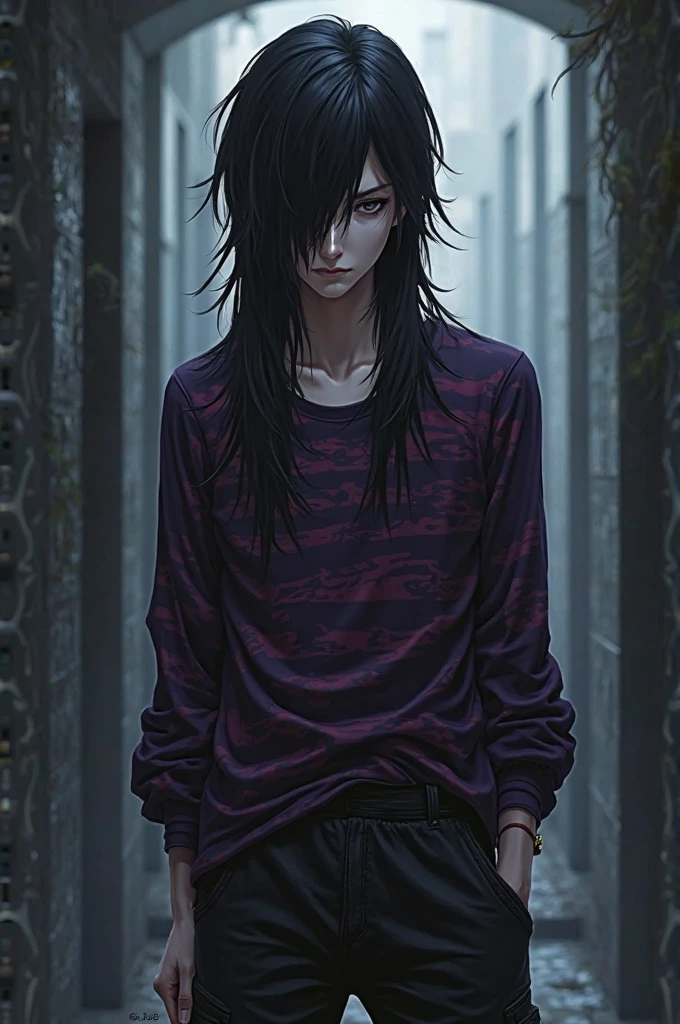 Draw me a death note style character with long black hair haircut with a purple and black striped shirt with black emo cargo pants and is a boy