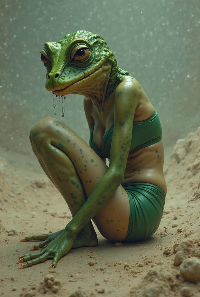 A beautiful white-skinned plump woman in a green wetsuit with short brown hair rides on a crocodile in an overgrown swamp, view from water level
