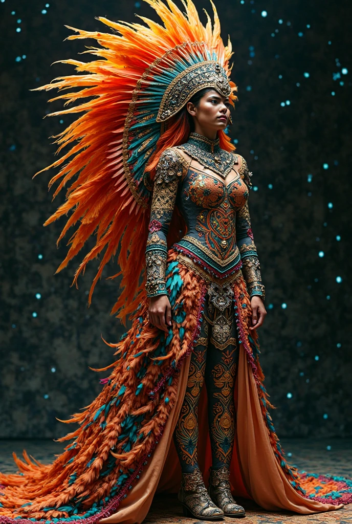 Full body photograph of the most beautiful artwork in the world, a beautiful woman in intricate costume burning in the desert, rainbow colors, ArtStation, CGSociety, complex, high detail, clear focus, dramatic, realistic pictorial art trends Greg Rutkovsky