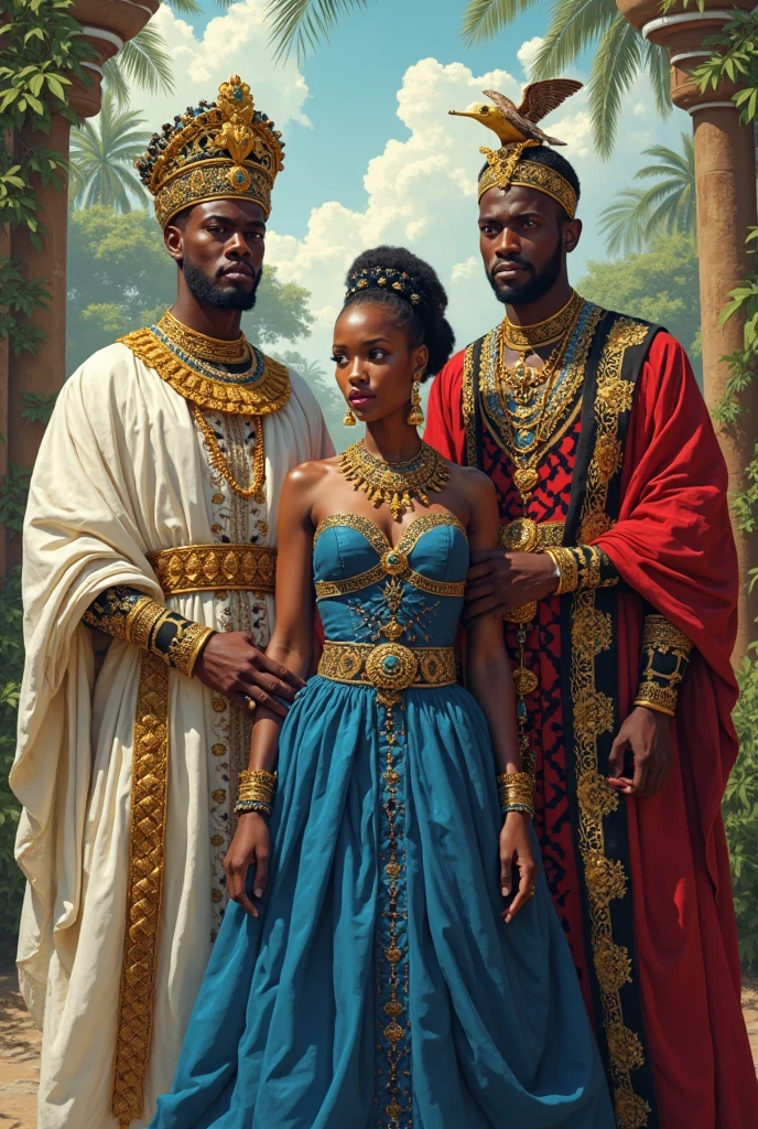 Por favor, create an image with an Exu using a black top hat, next to him a beautiful Pombagira with a red dress and to complement the trio, a black child wearing a black hooded cape