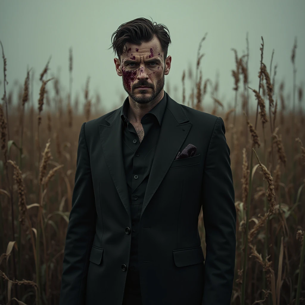 Portrait photo of a man wearing a black suit, full of wounds, looking at the camera, tall agricultural fields, a bit dark, Face full of wounds