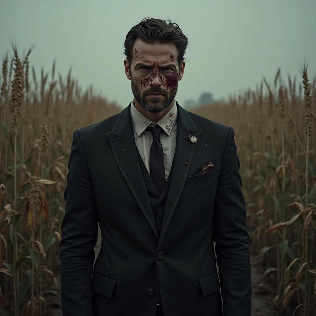 Portrait photo of a man wearing a black suit, full of wounds, looking at the camera, tall agricultural fields, a bit dark, Face full of wounds
