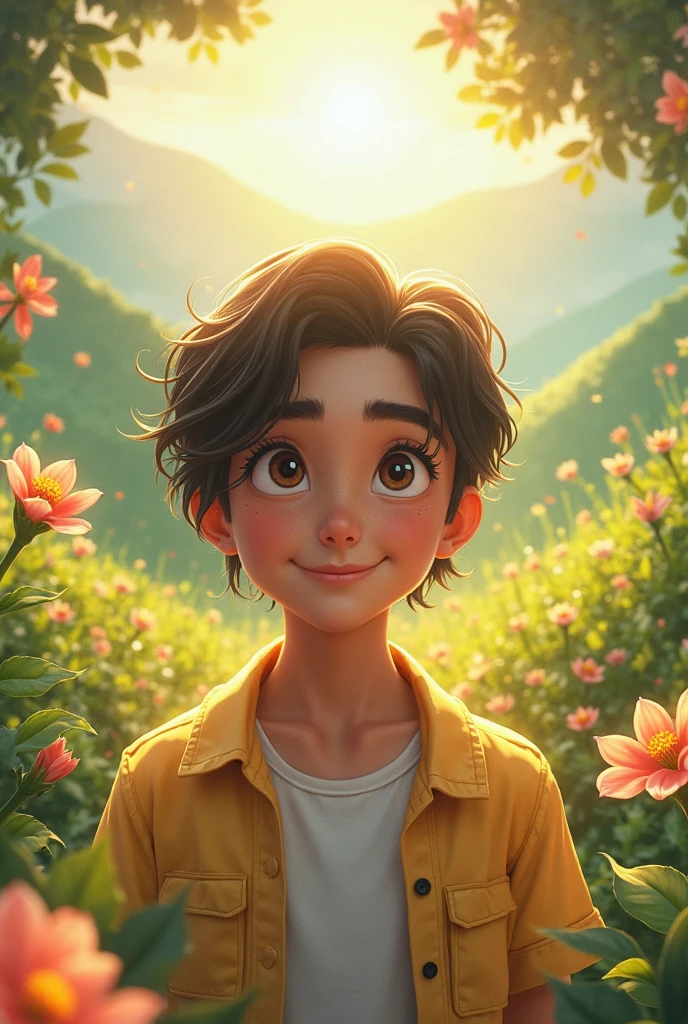 19 year realistic profile pic sitting on a mountain garden enjoying sunset, boy wearing yellow tshirt and black pant on it and she is smileing