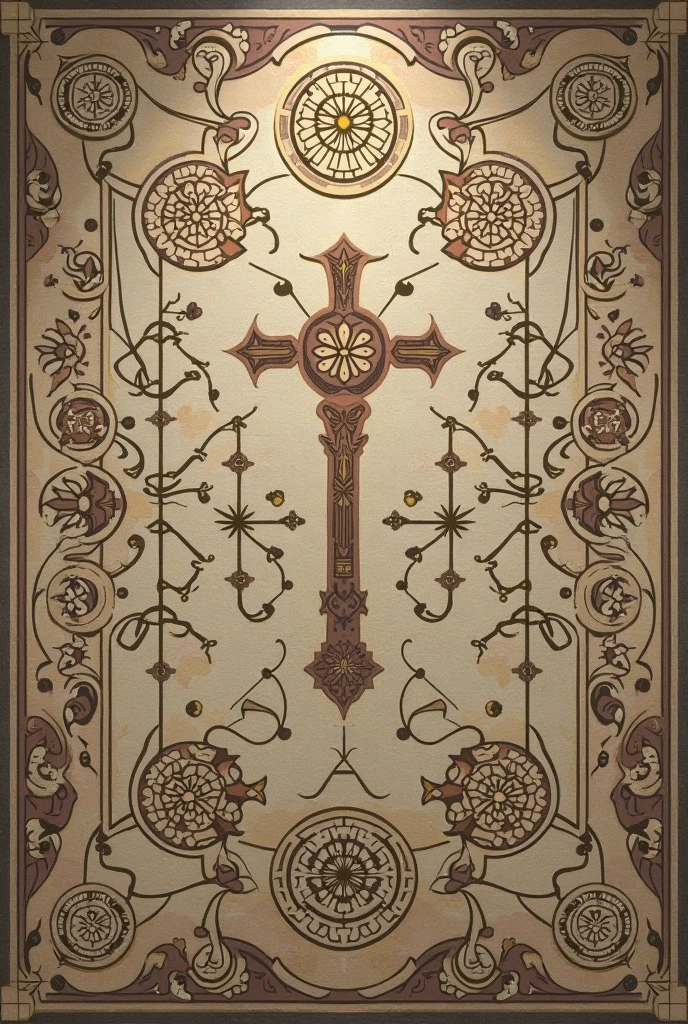 A rug with a cross in the center and round flowers like mandalas around it