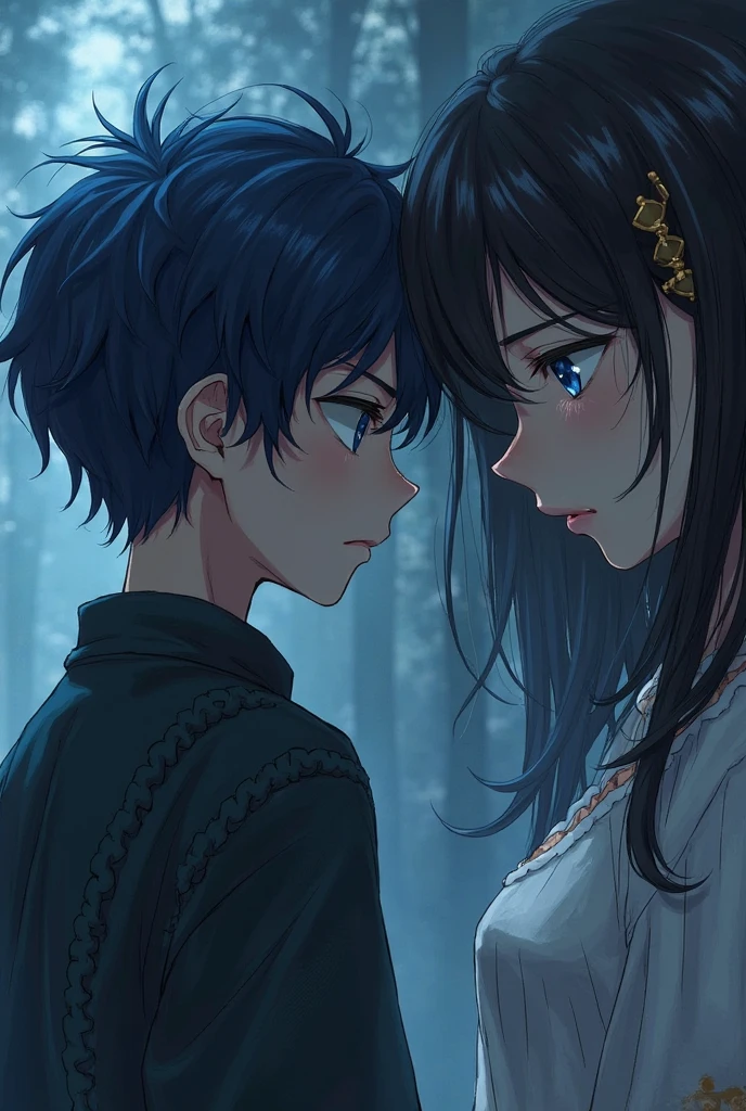 "4k monochromatic romantic fantasy scene: mature couple embracing tenderly. The man with black hair and red eyes, and the woman with elegantly long black hair and mesmerizing blue eyes. (Monochromatic:1:1, ultra hd, 4k)"