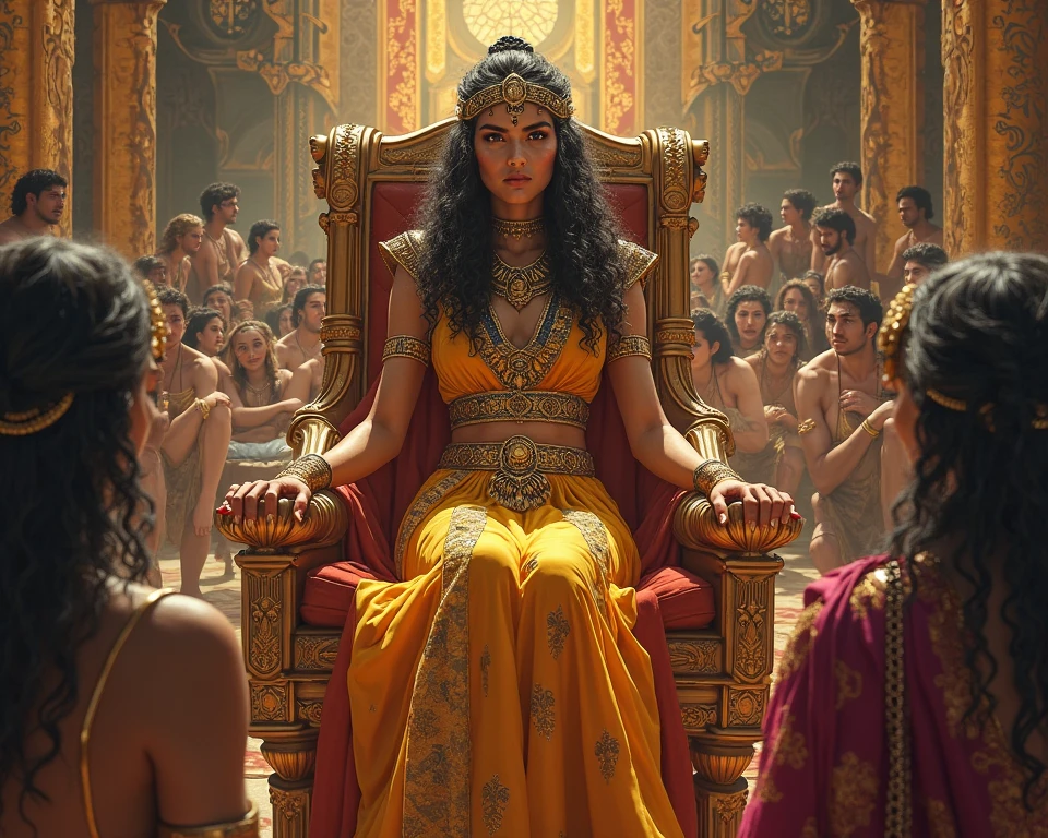 fotografi,   beautiful Asian girl  , wearing a green kebaya with long hair unraveled, and a golden crown, carrying a golden trident, there are many ancient Javanese warriors armed with swords and spears behind them, Fantasy sea background sitting on a throne with a detailed and majestic feel