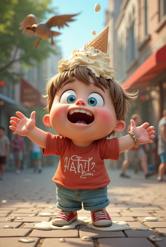 タトゥーシールを見せびらかすイケイケ赤ちゃん: "Illustrate a hyper-realistic image of a baby with chubby arms, wearing dark, wraparound sunglasses and rolling up its sleeve to proudly show off a temporary tattoo. The baby is dressed in a cool, graphic t-shirt, and the background is a trendy outdoor event with parents and kids, adding a touch of fun and rebellious spirit."