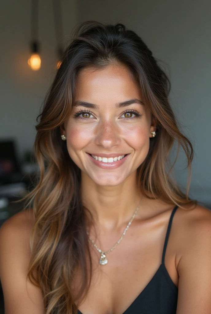 admetaversev5, Milena Velba, A voluptuous 48 MILF, Skinny body, very fit body, gym body, taking a selfie in the afternoon, Close-up photo, you can see half the body, She is wearing a crop top, very tight denim shorts
