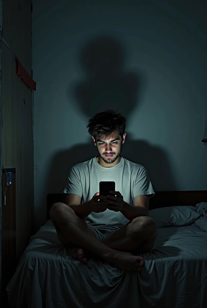 A young man in his early twenties sitting alone in a dimly lit room ...