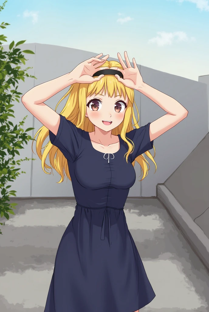 ((masutepiece, hight resolution,depth of fields, 4K,nffsw,))) solo,Bright blonde hair,((Thin and long twin tails located high)),blunt bangs,hairs between eyes, short sideburns,Beautiful blue eyes,Thin eyebrows,de pele branca,Smaller chest,tall stature,teenager,looking at viewer,a smile