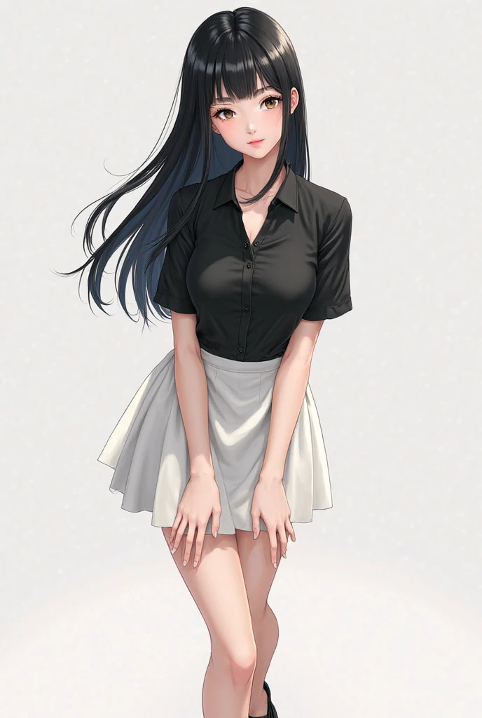 Black long straight hair woman,White short sleeve open collar shirt top,,underwear,white pantyhose,Standing,indoor