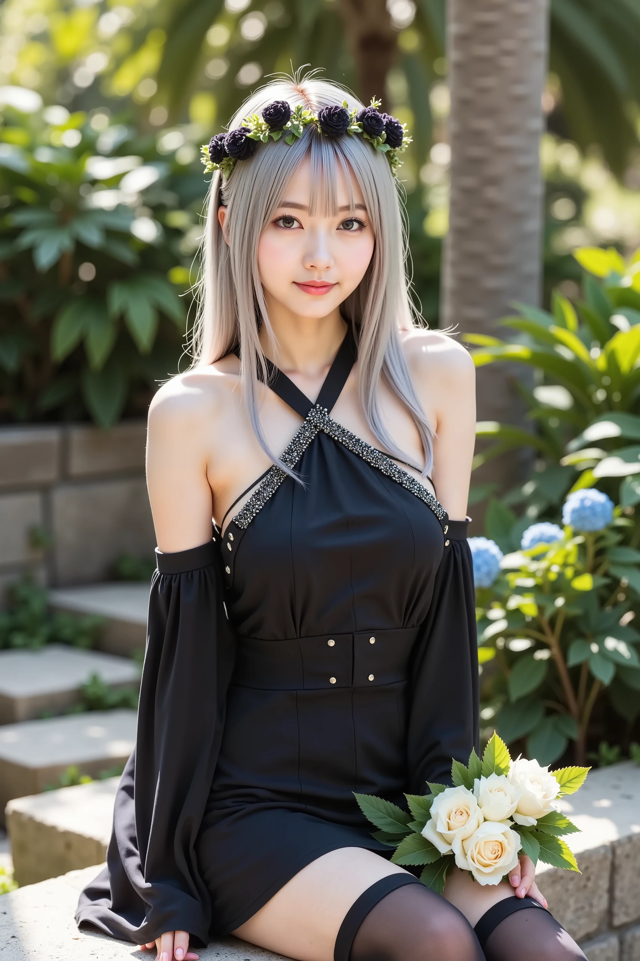 haruka, firm breast, by adjusting the framing so the subject's full head is visible within the composition, with the crop showing only from just above the bust to slightly above the top of the head. Ensure there is a comfortable amount of background space above the head to establish spatial context. A striking, gothic-inspired outfit composed of a form-fitting black dress with a halter neckline and structured bodice, featuring subtle decorative stitching and cutout elements across the chest that add geometric contrast. The fabric is smooth and slightly glossy, reflecting sunlight softly to accentuate the figure. Off-the-shoulder sleeves extend into flowing black drapes that fall past the elbows, held in place by delicate silver chains that loop over the upper arms, introducing a sense of movement and detail. The short skirt is paired with thigh-high black stockings, their matte finish contrasting with the sheen of the dress. The entire ensemble gives off a refined, slightly dark elegance, reinforced by the wearer holding a white rose bouquet, its soft color serving as a visual counterbalance. Her silver-white hair falls past the waist in straight layers, catching the light and complementing the dark tones of the outfit. A dark floral crown or accessory with subtle green accents decorates her hair. The setting is a lush, sunlit garden where afternoon light filters gently through overhead palm fronds and leafy trees. She is seated on a soft stone bench covered with a smooth fabric, surrounded by dense greenery, flowering shrubs, and stone pathways. The garden features a balance of tropical and temperate elements: broad-leafed palms, flowering hydrangeas in shades of blue and purple, and ground-cover plants arranged between sculpted stones. Patches of light fall naturally across the plants and bench, creating soft contrasts between sunlight and shade. The atmosphere is calm, immersive, and timeless—merging gothic elegance with the serenity of a vibrant natural setting.