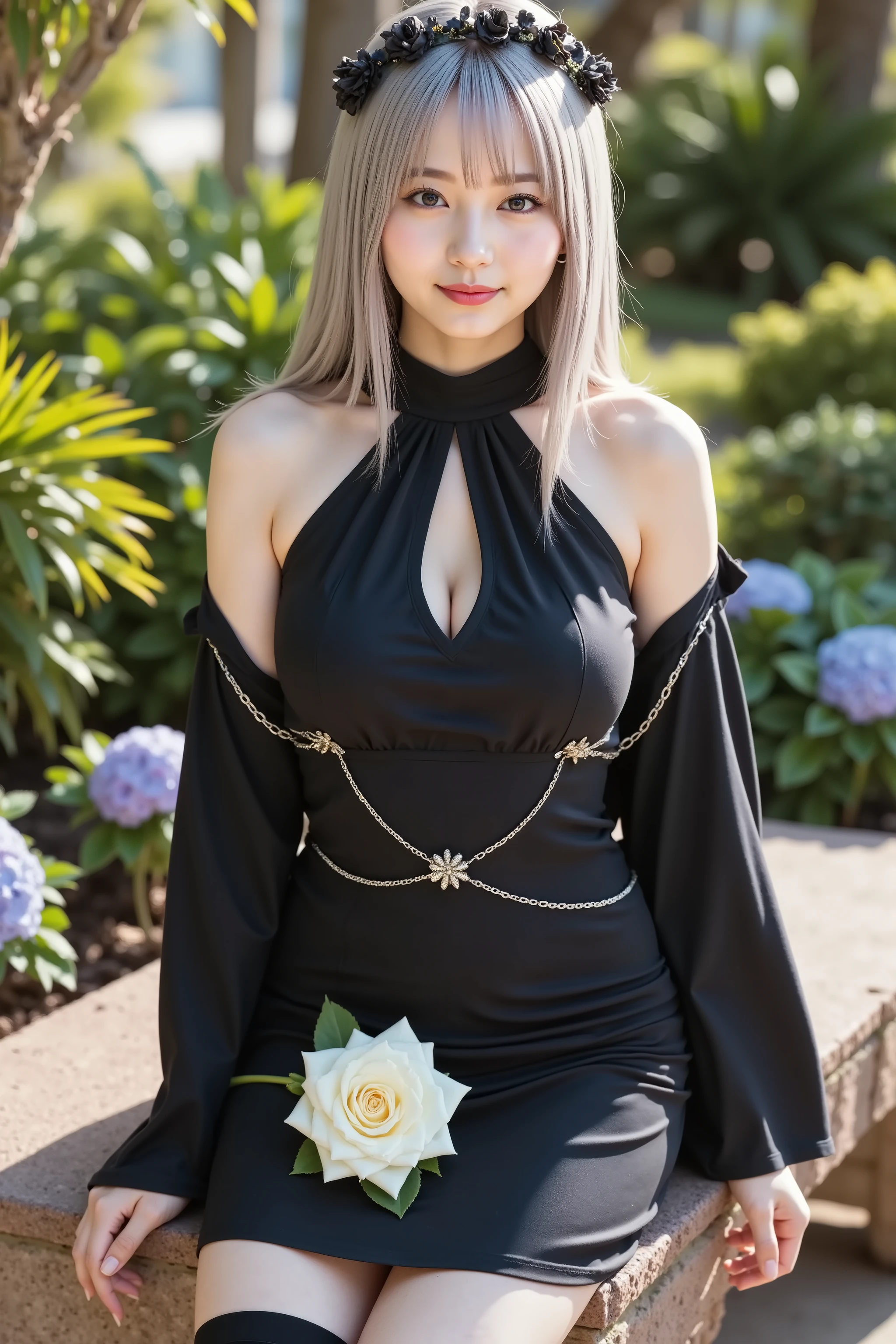 haruka, firm breast, by adjusting the framing so the subject's full head is visible within the composition, with the crop showing only from just above the bust to slightly above the top of the head. Ensure there is a comfortable amount of background space above the head to establish spatial context. A striking, gothic-inspired outfit composed of a form-fitting black dress with a halter neckline and structured bodice, featuring subtle decorative stitching and cutout elements across the chest that add geometric contrast. The fabric is smooth and slightly glossy, reflecting sunlight softly to accentuate the figure. Off-the-shoulder sleeves extend into flowing black drapes that fall past the elbows, held in place by delicate silver chains that loop over the upper arms, introducing a sense of movement and detail. The short skirt is paired with thigh-high black stockings, their matte finish contrasting with the sheen of the dress. The entire ensemble gives off a refined, slightly dark elegance, reinforced by the wearer holding a white rose bouquet, its soft color serving as a visual counterbalance. Her silver-white hair falls past the waist in straight layers, catching the light and complementing the dark tones of the outfit. A dark floral crown or accessory with subtle green accents decorates her hair. The setting is a lush, sunlit garden where afternoon light filters gently through overhead palm fronds and leafy trees. She is seated on a soft stone bench covered with a smooth fabric, surrounded by dense greenery, flowering shrubs, and stone pathways. The garden features a balance of tropical and temperate elements: broad-leafed palms, flowering hydrangeas in shades of blue and purple, and ground-cover plants arranged between sculpted stones. Patches of light fall naturally across the plants and bench, creating soft contrasts between sunlight and shade. The atmosphere is calm, immersive, and timeless—merging gothic elegance with the serenity of a vibrant natural setting.