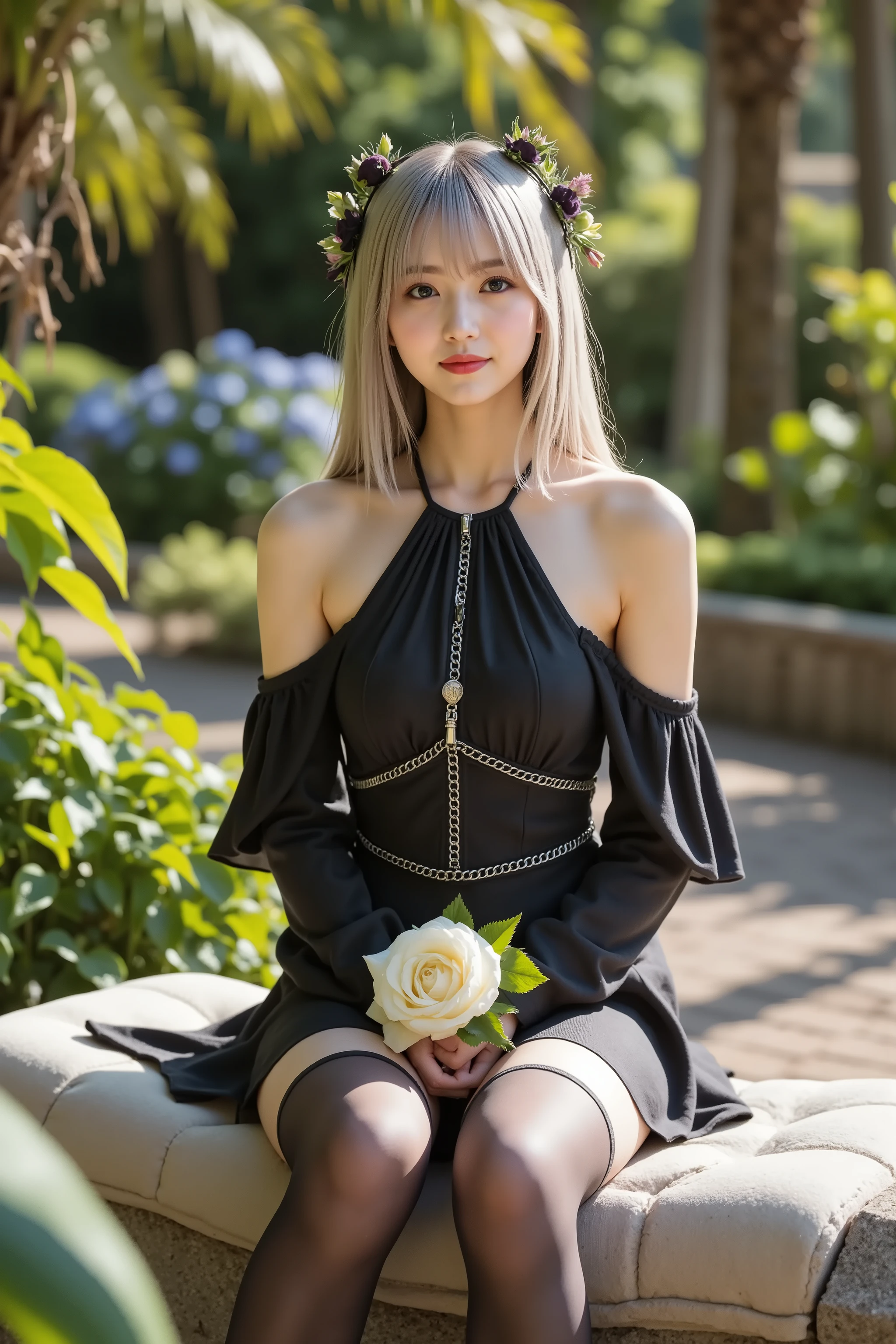 firm breast, by adjusting the framing so the subject's full head is visible within the composition, with the crop showing only from just above the bust to slightly above the top of the head. Ensure there is a comfortable amount of background space above the head to establish spatial context. A striking, gothic-inspired outfit composed of a form-fitting black dress with a halter neckline and structured bodice, featuring subtle decorative stitching and cutout elements across the chest that add geometric contrast. The fabric is smooth and slightly glossy, reflecting sunlight softly to accentuate the figure. Off-the-shoulder sleeves extend into flowing black drapes that fall past the elbows, held in place by delicate silver chains that loop over the upper arms, introducing a sense of movement and detail. The short skirt is paired with thigh-high black stockings, their matte finish contrasting with the sheen of the dress. The entire ensemble gives off a refined, slightly dark elegance, reinforced by the wearer holding a white rose bouquet, its soft color serving as a visual counterbalance. Her silver-white hair falls past the waist in straight layers, catching the light and complementing the dark tones of the outfit. A dark floral crown or accessory with subtle green accents decorates her hair. The setting is a lush, sunlit garden where afternoon light filters gently through overhead palm fronds and leafy trees. She is seated on a soft stone bench covered with a smooth fabric, surrounded by dense greenery, flowering shrubs, and stone pathways. The garden features a balance of tropical and temperate elements: broad-leafed palms, flowering hydrangeas in shades of blue and purple, and ground-cover plants arranged between sculpted stones. Patches of light fall naturally across the plants and bench, creating soft contrasts between sunlight and shade. The atmosphere is calm, immersive, and timeless—merging gothic elegance with the serenity of a vibrant natural setting.