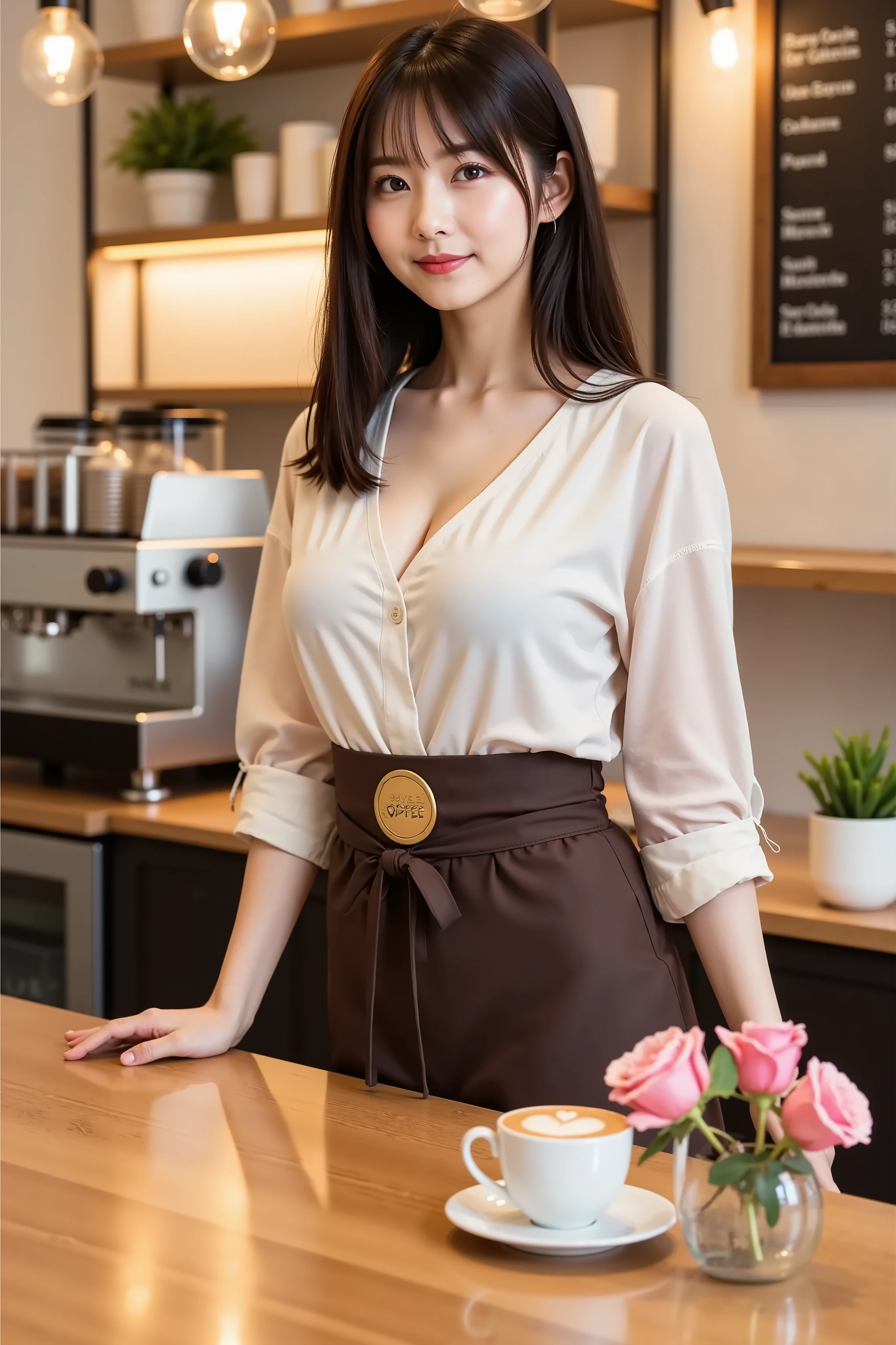[[((young attractive Asian woman:1.5)), ((Sophie Tan:1.4)), standing in a trendy café, with her back to the camera. She is wearing ((a short waitress skirt that has blown up, exposing her buttocks, paired with a tight blouse and apron:1.2)). Her hair is styled in a ponytail, and she has a seductive, intense gaze over her shoulder. The background features tables, chairs, and a counter with pastries and coffee machines. The scene is captured with a ((full-frame DSLR:1.2)) using a ((35mm prime lens:1.2)) to keep the woman in sharp focus while the background is slightly blurred. Post-production enhances the natural colors and adds a ((soft bokeh effect:1.1)) to the background. The image should be in ((8K resolution:1.1)) with ((hyper-realistic detail:1.3)). The backdrop highlights the trendy café with detailed textures of furniture and equipment. The focus is on the woman's blown-up waitress skirt and seductive, intense gaze. Natural café lighting is used with slight enhancements to create a bright and inviting atmosphere, with a ((soft bokeh effect:1.1)) on the background, enhanced vibrancy, and high contrast to make the scene pop. She is standing with one hand on her hip, looking seductively over her shoulder, exuding confidence and allure, embodying waitress chic.]]
