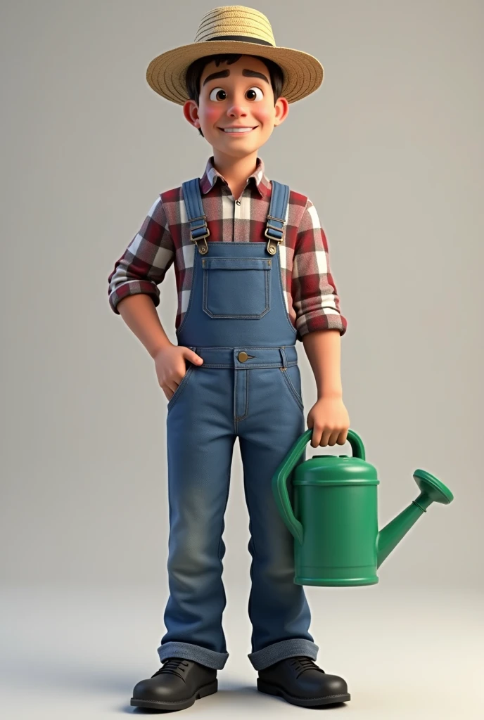 A middle-aged man,Asian Men,Normal proportion,Face the lens,Holding a flower pot in hand, Short dark brown hair,White T-shirt,Ditched overalls jeans,Standing on a meadow full of flowers,Sunshine on the face,Happy smile, bright,Bright green,Medium shot,Studio Gippley style,Miyazaki style,2.5D,Game texture,lifelike