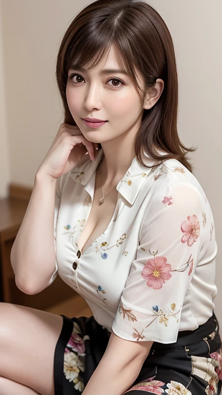 masuter piece, top-quality, masterpiece, hight resolution, Photorealsitic, Raw photography, 8k wallpaper, flawless, profetional lighting, ighly detailed, depth of fields, ((One beautiful woman)), ((50 years)), Female sexy, Hotel lobby, ((Big floral dress)), ((See the viewer's eyes)), Detailed face, beautidful eyes, (Sit in a good posture), bangss, small breasts of good shape, Light Brown Straight Hair, Faint lips, (arms between legs)