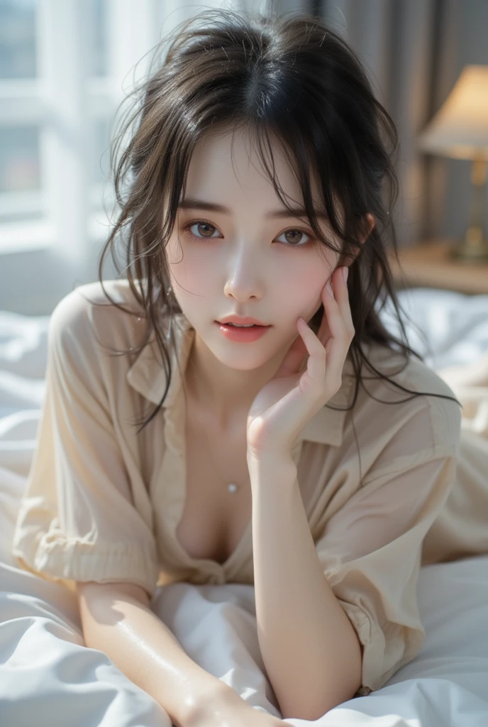 1 girl, Best quality, masterpiece, ultra high res, (photorealistic:1.4), raw photo, 1girl, see through silky night gown, cinematic lighting, half body view, half body shot, bedroom, nude but covered by blanket, long ponytail, Whimsical lighting, Enchanted ambiance, bokeh, Dreamy decor, Whimsical lighting, Enchanted ambiance
