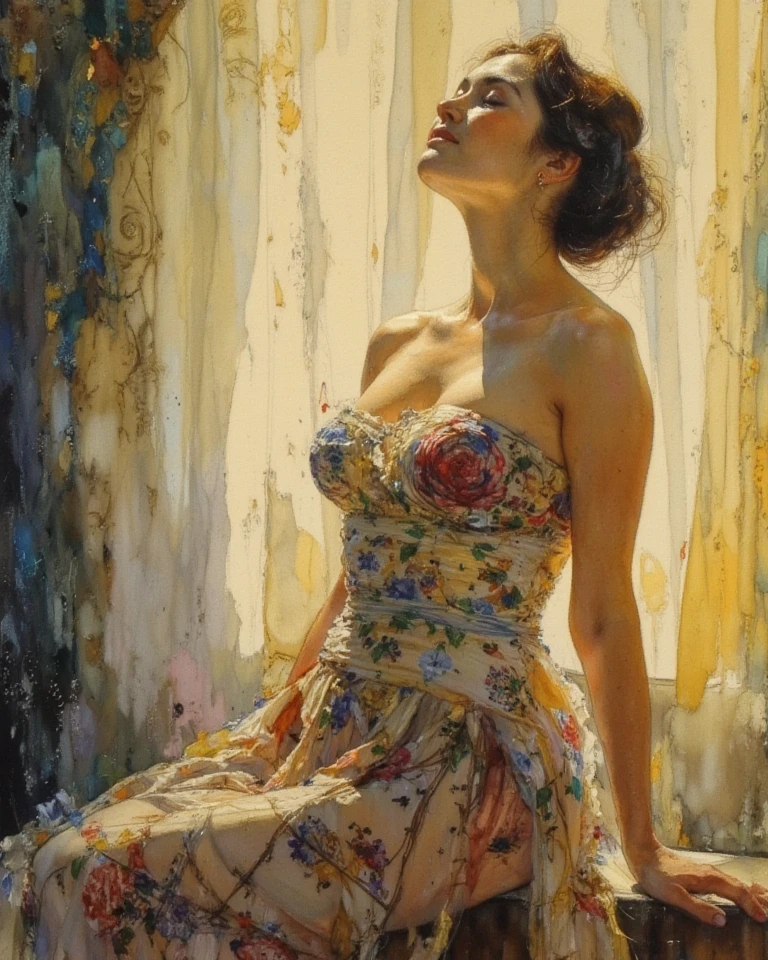 Image of a sensuous figure inspired by classical nudes, portrayed in a lush oil painting style with dynamic, rich strokes and a palpable thickness of paint evoking a sense of movement, set against a beautifully rendered vineyard bathed in golden sunlight. The composition merges historical elegance with contemporary sensuality, emphasizing the graceful curves and form of the body, while the background features sprawling grapevines and soft hills that add depth and warmth, creating an inviting and harmonious atmosphere.