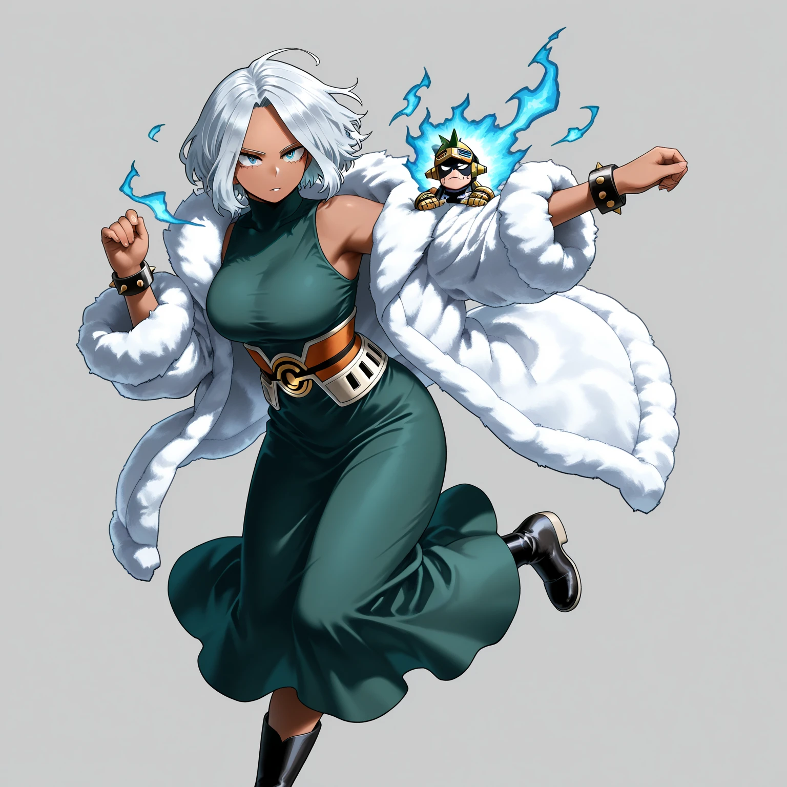 best quality, (masterpiece:1.5),(ultra-detailed), (high quality:1.3), (high resolution), <lora:sada:0.7>, 1girl, green eyes, professor_sada, shorts, grey hair,looking at viewer, crop top, perfect eyes, symmetrical eyes, detailed eyes, ,(solo:1.1), perfect face, (bright lighting:1.2), detailed eyes, extremely detailed face,sleeveless, kyokucho, <lora:kyokucho:0.65>, fcPortrait, orange clothes, collarbone, labcoat,