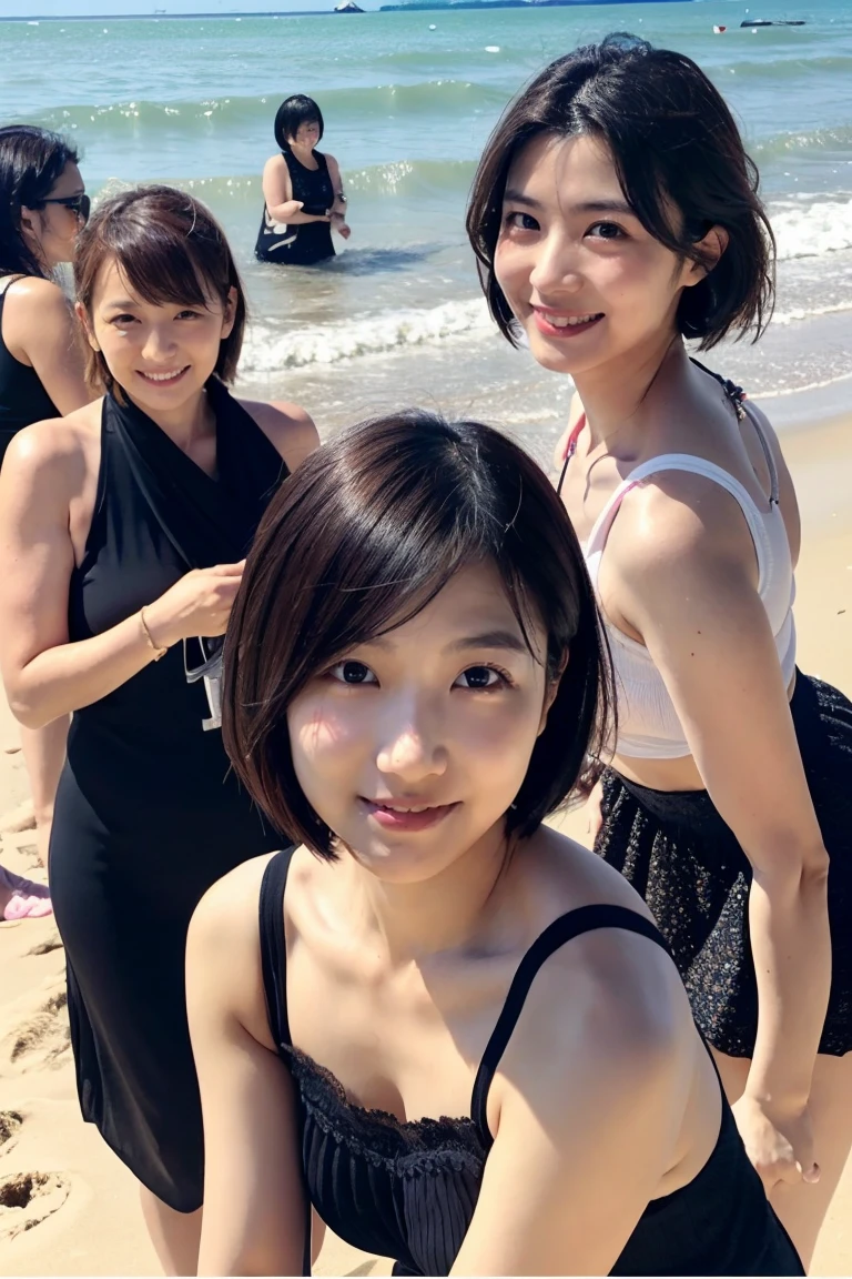Two Japanese women taking a commemorative photo by the Sea of Japan、It was a 27-year-old woman..、Loose and fluffy long bob hair、One is a 31-year-old woman.、It&#39;s a bob haircut、Street Snap、 (Bloomers for sprinters:1.45), (Sports bras for sprinters:1.4), (Bloomers:1.4), 
