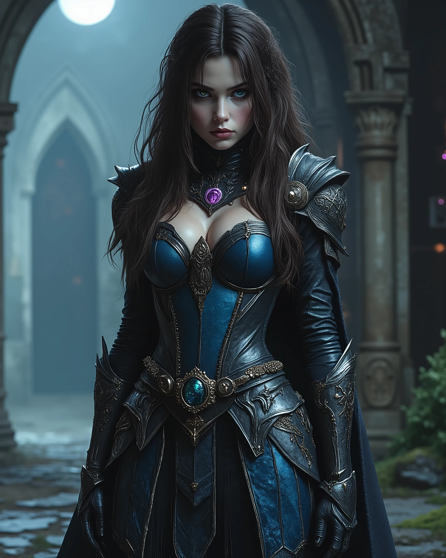 Artemis seems carved from obsidian. Her dark brown hair falls straight and lustrous like a waterfall, always perfectly combed despite the wild mountain wind. Her skin is a pale shade with lunar hues, as if sunlight rarely touches her body. With fine, angular features, her beauty is otherworldly: mysterious, hypnotic, and sharp as a dagger.
Her eyes, a deep emerald green, observe everything with icy calm, as if they see beyond the visible. She has a haunting, elegant, and lethal presence. Her body is athletic, defined by years of training and stealth; she moves like a living shadow, leaving no trace. She wears reinforced leather armor dyed in dark blue, almost dried blood, with black steel accents. Her gloves are made of fiend hide, resistant to magic. The jacket bears the emblem of Kaer Morhen discreetly embroidered on the shoulder. At his belt are two swords: one of steel adorned with rubies and one of gleaming silver with elven runes. She also carries flasks of potions, alchemical bombs, and a wolf-shaped warlock medallion that vibrates when it senses magic. Artemis lives in one of the oldest and least-traveled towers in Kaer Morhen: the Tower of Dusk. Its walls are covered with dark moss and ancient symbols of protection. The entrance responds only to her medallion, and the corridors leading to her room are lit by torches enchanted with violet flames.
The interior is a blend of secret library and personal sanctuary. Tall bookshelves are filled with forbidden grimoires, star charts, codices of ancient magic, and flasks of glowing ink. In the center is a black marble table where she studies tracking rituals and portals. Elven dreamcatchers hang from the walls, and black velvet curtains sometimes move even when there is no wind.
Alta resolución, Obra maestra, Preciso, Anatómicamente correcto, Premiado muchas veces, La mejor calidad, Detalles altos, Muy detallado, Piel texturizada,