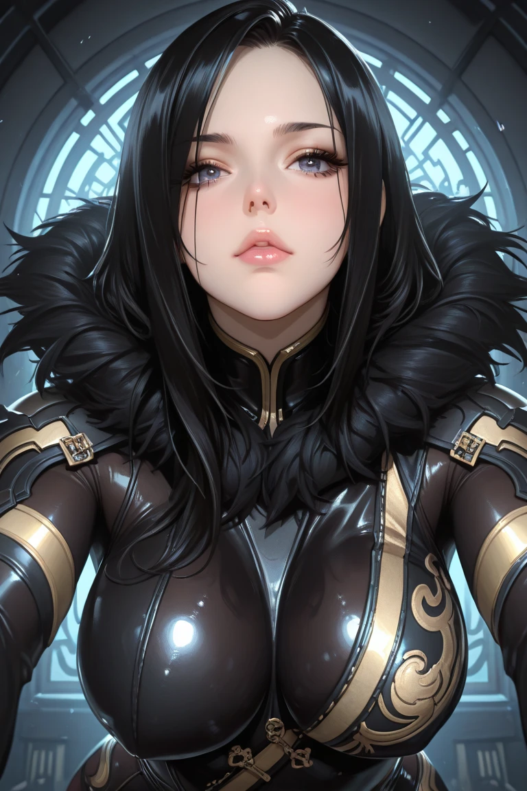 (ultra realistic,32k, masterpiece:1.2),(high detailed skin:1.1),( high quality:1.1),
<lora:delta-nvwls-v1:0.8>delta, (purple eyes:0.6)black hair, wolf ears, black bodysuit, cleavage cutout, gold trim, navel, black pants, black gloves, fur trim, tail,(looking at viewer, portrait:1.1), , (huge breast:1.1),<lora:add_detail:0.89>,
(glow in the dark:1.1),  blank background, blurry background,