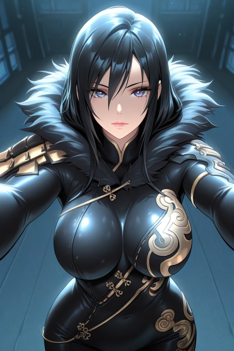 (high quality:1.1),  intricate details,  cinematic lighting, sharp focus, extreme face details,
Annerose, 1girl, solo, standing, cowboy shot,
looking at viewer, determined, 
very long hair, hair intakes, black hair, pointy ears, yellow eyes, lip gloss, disgusted face,
 (bodysuit:1.05), shiny clothes, 
 large breasts, (covered nipples:1.1), sideboob, beautiful scenery background, character in center, anime screenshot