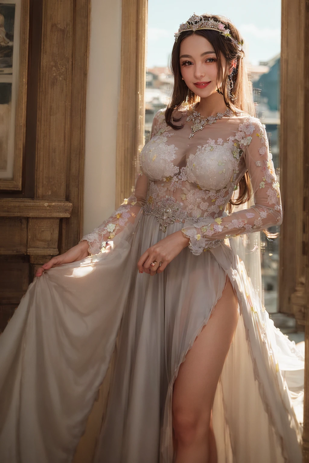 (photo of a beautiful 20 year old girl, beautiful and charming with contemporary fashion drawings as well),
(((((Full body shot:1.5))))), (full body in picture), (full body photo Close-up photo of the shin), (Indian babe), (rest standing position), (looking at viewers, front view shot, from_fronts),
best quality, movie studio lighting, illustration at Very detailed, ultra high resolution, depth of field, caustic, wide exposure, natural shading, masterpiece, hyper realistic, hyper detailed, photorealists, 8K, HDR, High resolution, (1girl), (Blurry background), (Bokeh:1.2), RAW photo, complicated details, extremely detailed, candid picture, candid shots, extreme detailed, colorful, highest detailed, (iconic picture shot, perfect brightness, perfect contrast, perfect colour),
hair in one eye, purple eyes, Golden blonde hair, bob, side bangs, sharp eyeliner, blush eyeshadow with thick eyelashes, lip gloss very delicate and beautiful, round chin, round earrings, sharp eyes, letter choker, diamond necklace, (symmetrical eyes), (perfectly symmetrical body),
(pretty face, iconic face), detailed face, detailed eye, detailed lips, detailed neck, ultra realistic face, ultra realistic eye, ultra realistic lips, attractive hair style, detailed hair style, (perky breasts, perfect rounded breasts, attractive breasts, perfect symmetrical breasts), (attractive body figure, perfect body figure, perfect figure, curvy_figure), skin_tight, (thin), flat stomach, smile,
((beautiful High heels, fancy high heels)),
(beautiful girl in Indian outfits),
((silk Laced)), ((see-through ruffled gown:1.3)), (embroidery gown, flared gown, dense ruffled gown),.,, ,,