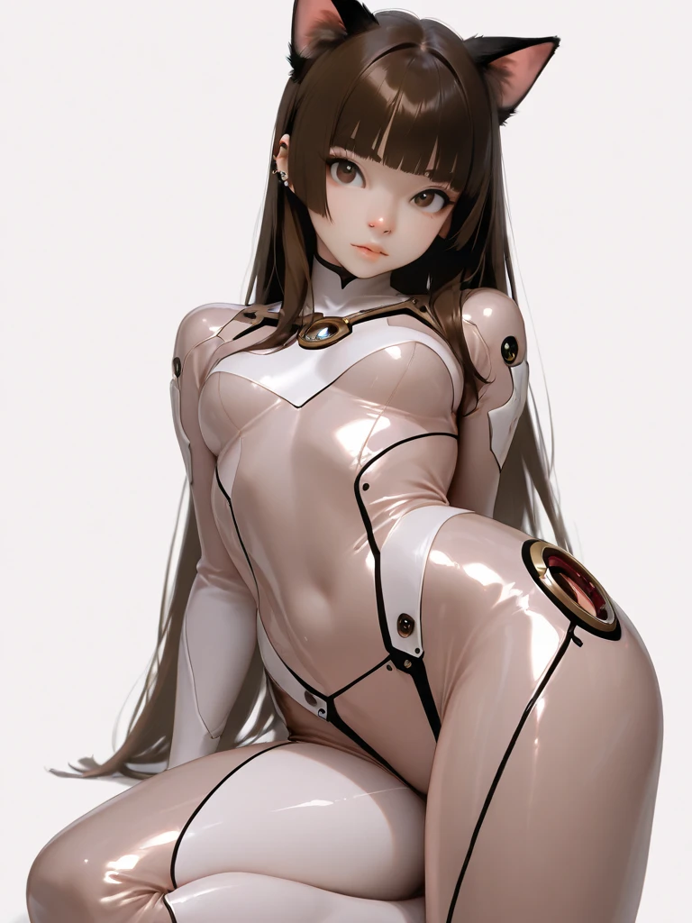 Japan female students、flat chest、Silver bodysuit、The whole body can be seen from directly below、Delicate body、Pony tail、Beautiful open legs