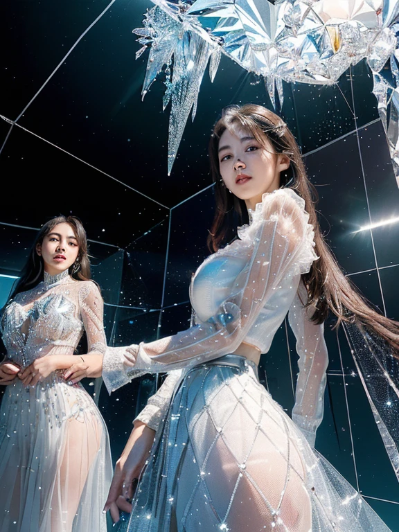 Masterpiece, a beautiful void goddess, full body white transparent clothes standing under empty night stars, disappearing transparent pants, full body standing, tall figure, slender legs, facial details, detailed body part details, 8k wallpaper