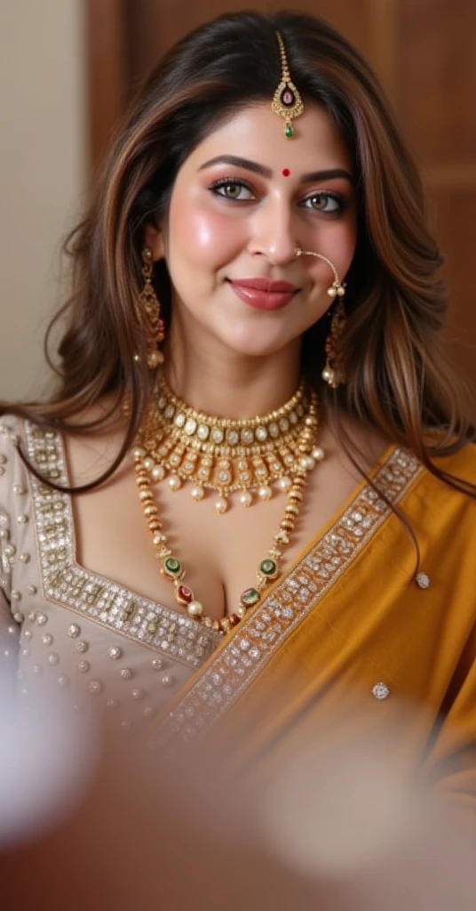 Day scene, close up photo of a sexy milf Indian queen, posing in a palace, big cheeks, super stylish dress with wide open breasts, accessories, earrings, necklace, erotic face, 36 yo, ponytail, look at viewer and smile, (cinematic:1.3), intricate details, (ArtStation:1.2)