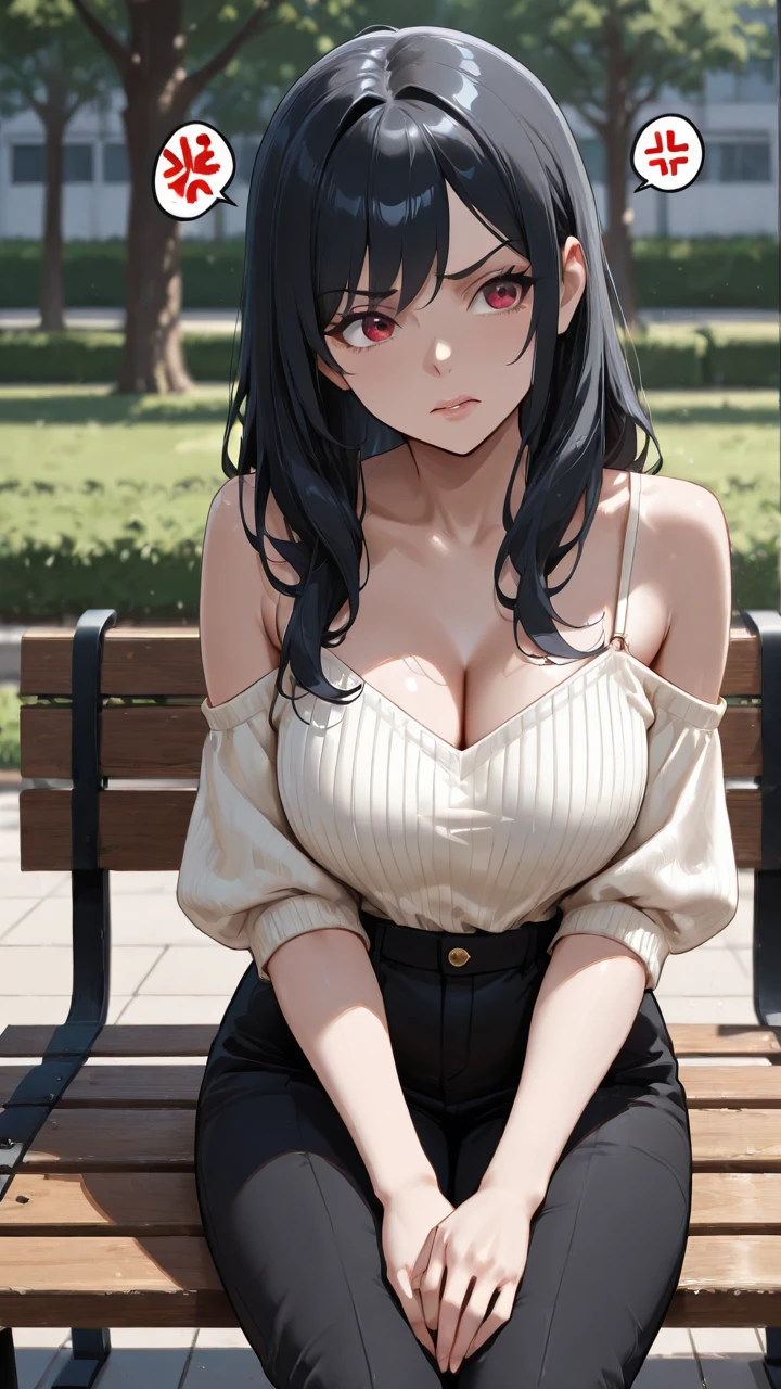 21yo girl, (black short braided hairstyle). (Only wearing transparent t-shirt, off-shoulders, show cleavage), natural big breast, show big thigh, plump body, sitting on a bench. In the city park.