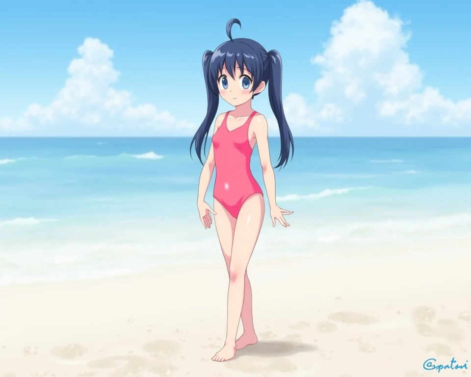 Random patterned swimsuit、Swimsuit,,Blushing、Pale brown eyes、Dark purple hair、Semi-long hair、Head to toe full body、Blushing、Embarrassed look、Composition from the front、A view from slightly below、school swimwear、Acme Face、Random pose、, 、nsfw、Highest quality、1 girl、solo、Ocean、Sandy Beach、Sexy pose、Random pose、Blushing、wet、Embarrassed、I can see half of my 、、One piece swimsuit、(Strap slip:1.3)、Swimsuit
