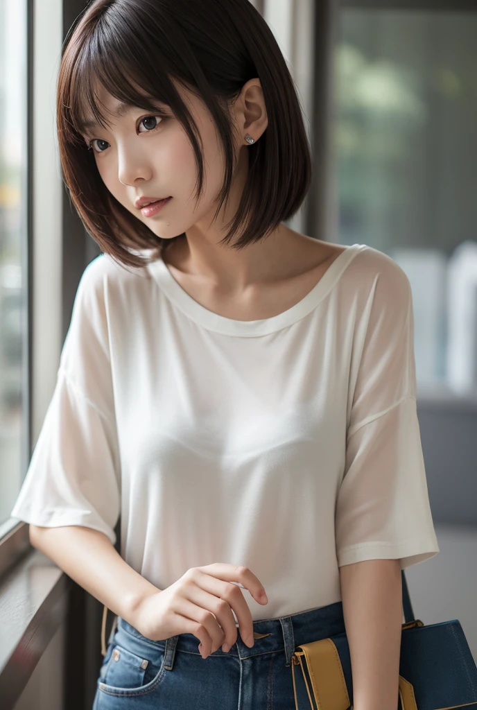 20-year-old woman,Blonde short bob hair,Uneasy atmosphere,cry、whole body
