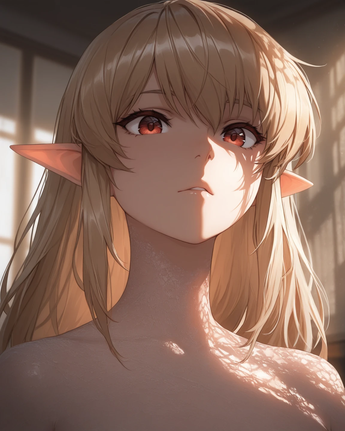 (muste piece), (best quality), (score_9, score_8_up, score_7_up), very detailed eyes, expressive eyes, perfect face, very detailed face, highly detailed face, beautiful girl, 8K, beautiful girl, white background, delicate and beautiful face and eyes, dark intense shadow,
1 girl, vtuber style, cool girl, hololive, (loli:1.3), Shiranui Flare, Elf ears, blond hair, dark skin, mini bikini, front-tie bikini top, soaked T-shirt, small chest, cropped shoulders, clavicle, cameltoe, wet body, wet hair, one eye close winking, smile, body visible through clothes, chest visible through clothes, ass visible through thighs, (full body), barefoot, naked thighs, sitting, open legs wide, from below, pov crotch,