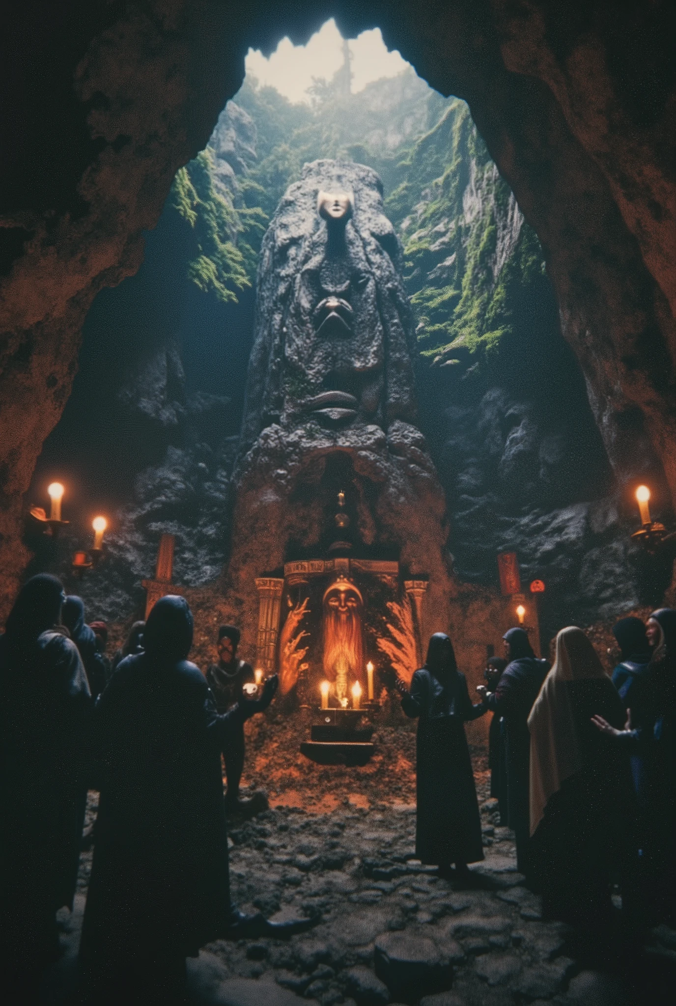 An ancient cave where time collapses: a monolithic altar bleeding black light, surrounded by hooded entities with mirrored faces, their hands raised in silent invocation beneath a sky torn open by screams