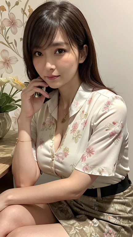 ((Highest quality, 8K, Tabletop: 1.3)), concentrated: 1.2, Wearing a Chinese dress, Small floral print, Exposed breasts, Cleavage, Split ends, Full body photo, Long legs, Overall view, Cafe Wall, Highly detailed face and skin texture, Fine grain, double eyelid, White skin, Long ponytail