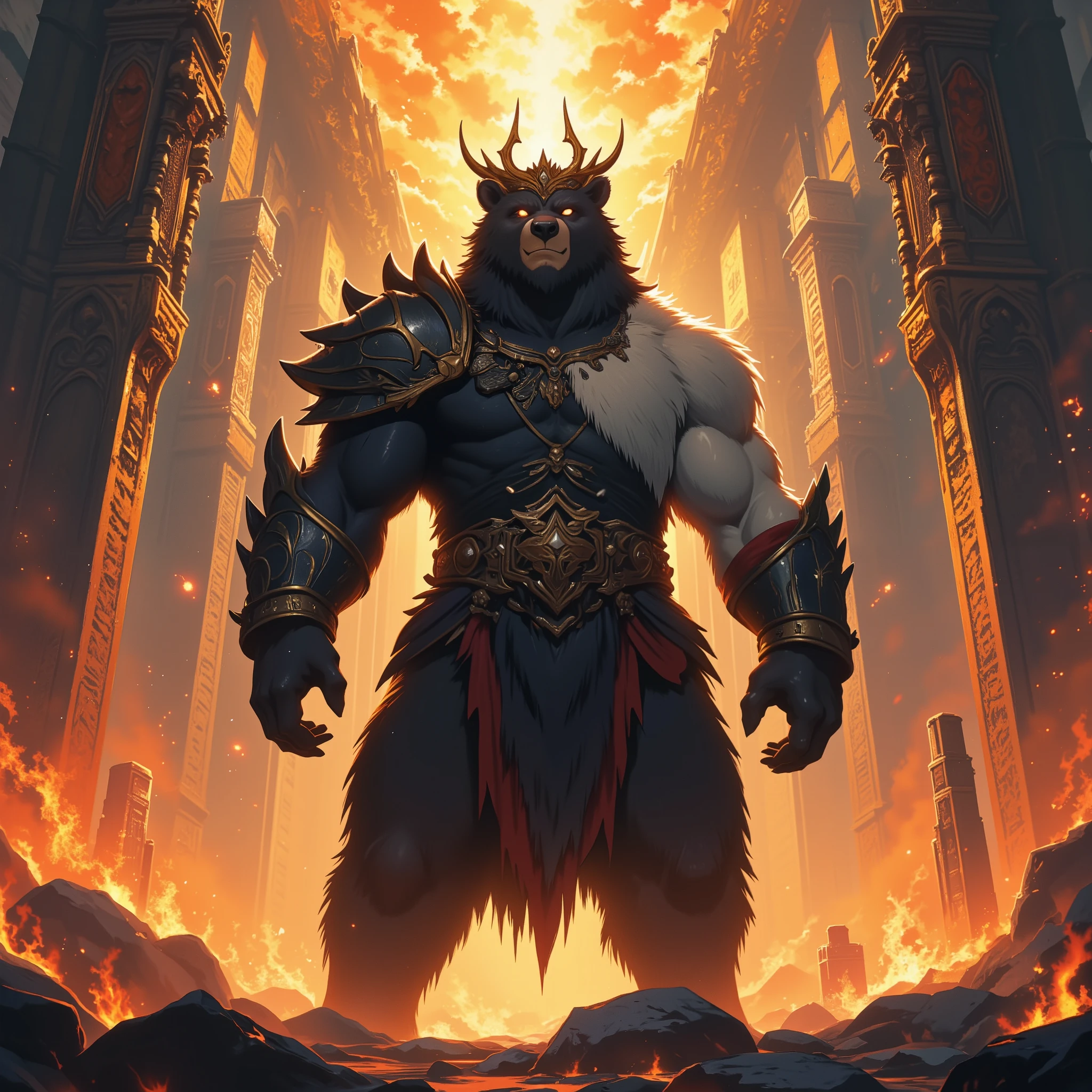 God of Bears. Subtle smerk smile. Standing up. Simplistic natural crown. Dark fur. Light Armored fur. Fire in background. A lot of background details. The bear is far away.