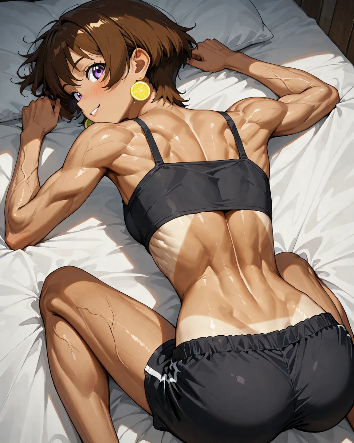 On the bed、Two sweaty naked high school girls and a 20 year old man are intertwined。She has short black hair。The sheets are messed up by their movements.。High school girls have small breasts。Her body is supple and beautiful、The muscles he has developed through martial arts are clearly visible.。Especially the abdominal muscles、The six-part shape is clearly visible.。