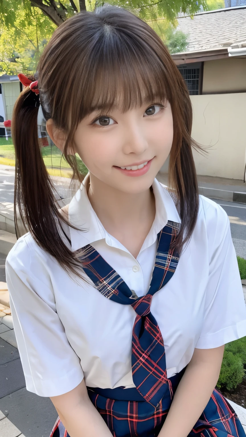sexy、Slim body、highest quality、figure、 Ultra-detailed、High resolution、8k wallpaper、Perfect dynamic composition,、Beautiful fine details、Natural color lip、Bold sexy pose、smile、16-year-old girl、cute、Sexy shot looking at the camera、(highest quality: 1.3), (masterpiece: 1.3), (Super Detail: 1.3), (One Girl: 1.1), (Detailed hands and fingers:1.2)、(Ultra-oily, lustrous skin with attention to detail:1.1)、Oily shiny knee socks、(The perfect school girl uniform:1.3)、Short sleeve dress shirt、(Navy Blue Sleeveless :1.2)、(Beautiful shapely small breasts:1.3)、(Dark blue plaid mini skirt:1.2)、Sit with your legs apart、Brown Hair、short hair、Twin tails、Beautiful sister、Pink wall