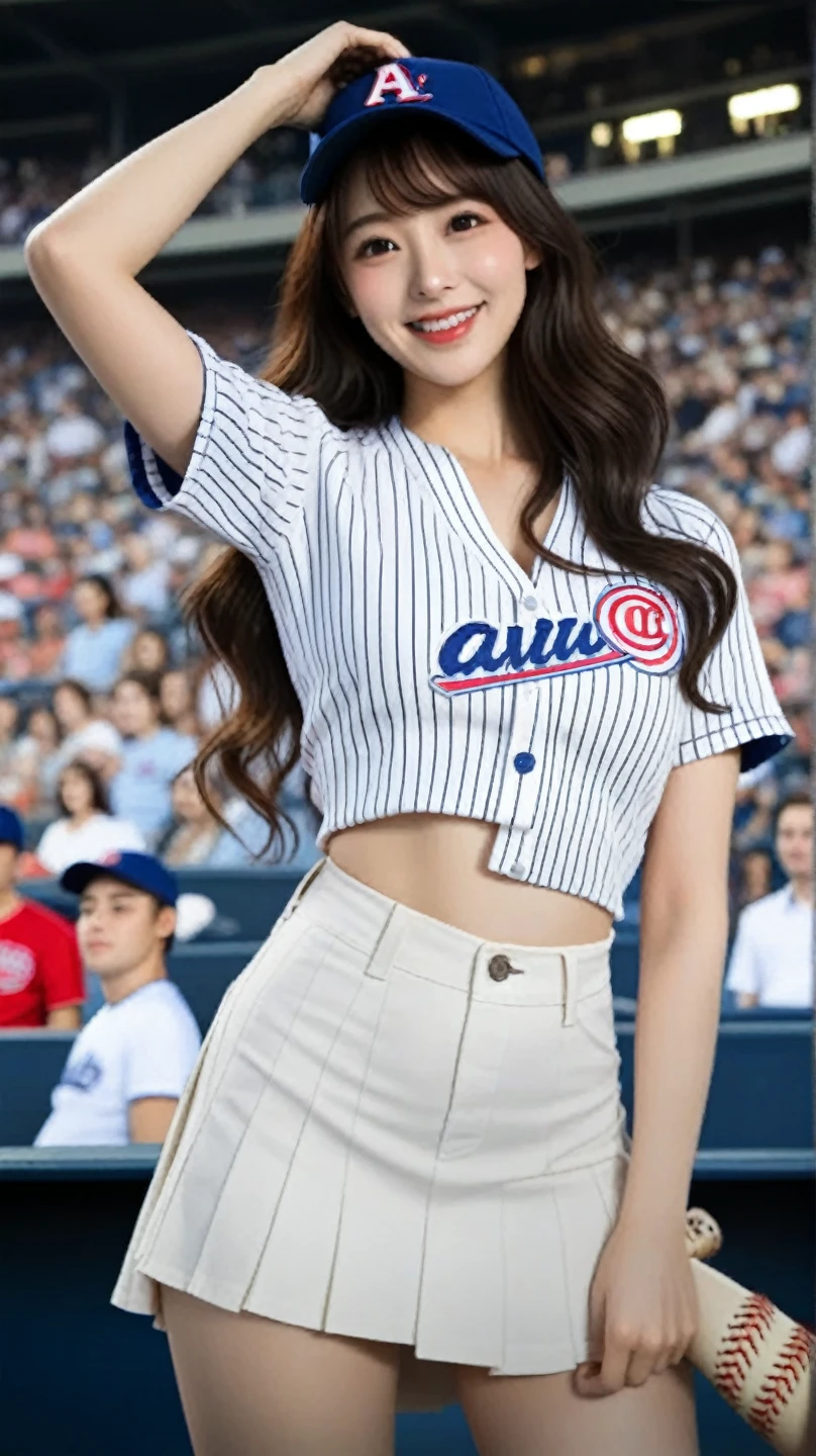 Nikon RAW photo,8 k,Fujifilm XT3,masterpiece, best quality, realistic, photorealistic,ultra detailed,1girl,solo, Wjsn Eunseo,
wearing (((open baseball uniform)),trouser, sexy, erotic,seductive, mature female,thick body, milf, mature woman, maturebody,  short hair, (gigantic breasts:1.2), skindentation, tall ,narrow waist, thighs, wide hips,eyeliner, eyelashes, perfect face, detailed eyes, facial lighting, indoor stadium, audience, crowd, looking at viewer(masterpiece, high quality:1.2),