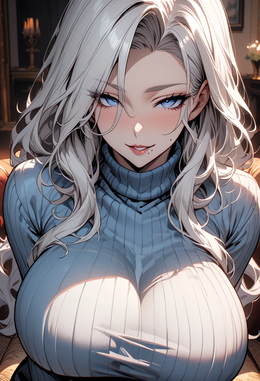 Toby Fox Undertale Sans Blue Jacket ,Fire eyes skull smile white long hair glowing snow town Femininefull big breast breast enlargement full-body shot