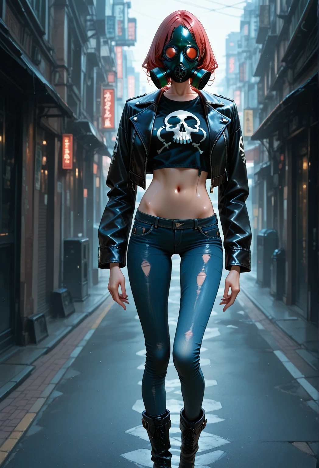 1_woman,leather crop jacket,t-shirt,lowleg skinny jeans,boots,gas mask,逃走中,走っている,スラム街,street,