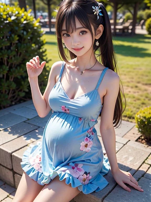 Leather Bondage、Beautiful, curvaceous, sensual woman, Long Hair, bangs, Twin tails, wide waist, Tight chest, Huge pregnant woman, Buttocks emphasized curvaceous, Sparkling eyes, Long eyelashes, Strong Calves, A light smile, Tania Yushiregar, Beautiful striped summer dress, sneakers, Glasses, Pose for a photo, River in the background, Small mountain village, Realistic, sunset, masterpiece, Bokeh, Volumetric lighting, Summer atmosphere, High angle shot、High leg cut panties、