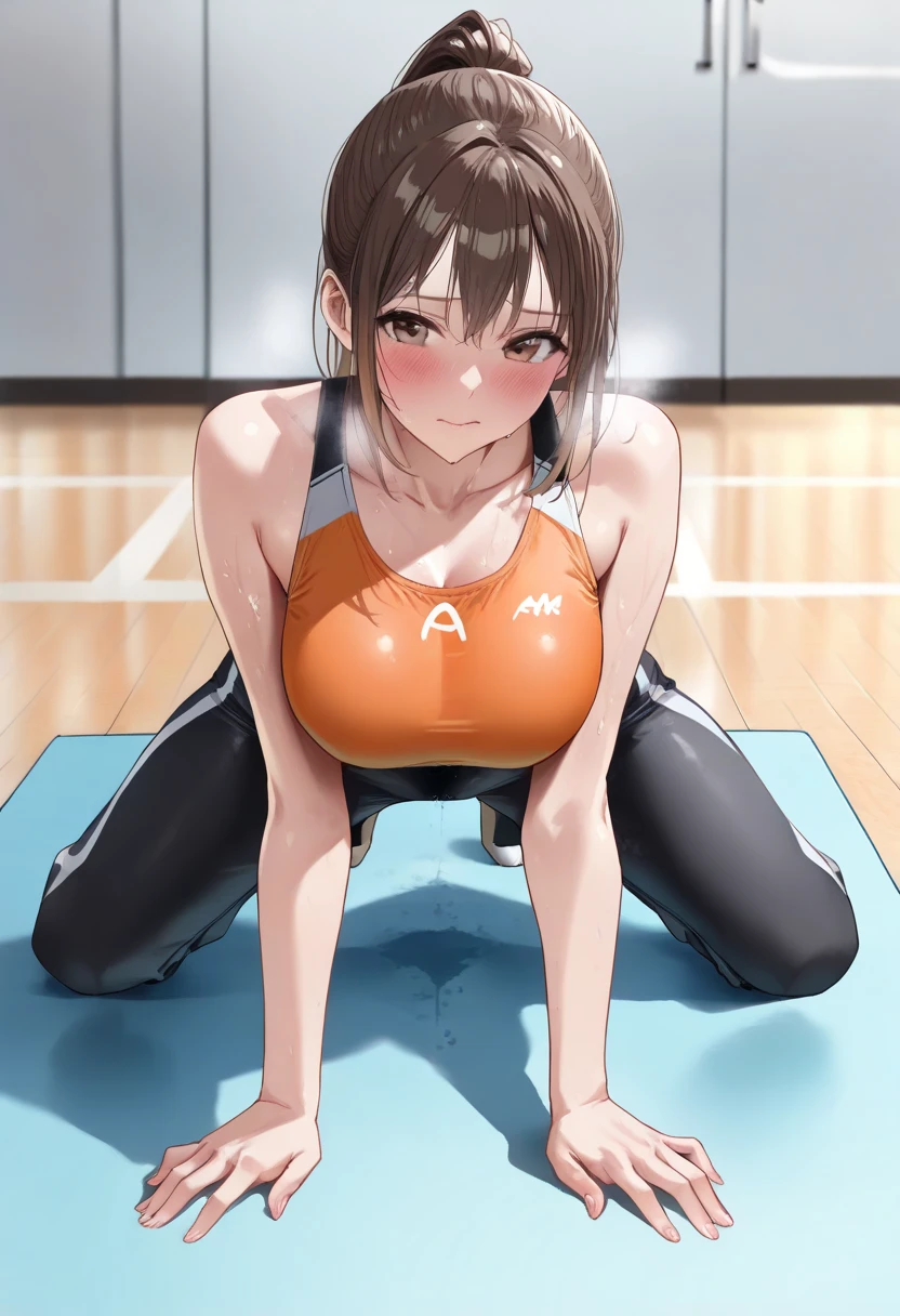 2 girls、fitness wear,　shortspats、Sportsbra、Tank Tops、​masterpiece、top-quality、realisitic、Hyper-detailing、(Glossy skin、be sweaty:1.4)、absurderes、Looking at the camera、short dark hair、Brown-eyed、A slender、动态照明、hight resolution、foco nítido、depth of fields、A detailed eye、Sharp eyes、Realistic eyes、(small tits:1.6)、(thick thight:1.0)、、Women's locker room、Locker Room、Shower room、Change of clothes、Half-undressed、Lower breast、pov from down、Full Body Display、Training Machine、Treadmill、Weight training、perspiring、moisture、punching bag、martial art、Boxer Size、Open Finger Gloves、shelves、punch、Spinning kick、Take off the bottom、Love Juice、A smile、red blush、teats、Clothing that shows through sweat、Kicking a punching bag、Punch to hit the ball、Covered with lotion、Muay Thai、catfight、Lotion Pro Wrestling、Climb into the ring、Spurling、Cross Counter、Martial arts、Command Sambo、Mount Position、Joint Technique、Upper Spinning Kick、Summer Salt Kick、emphasizing breasts、Take off your pants、