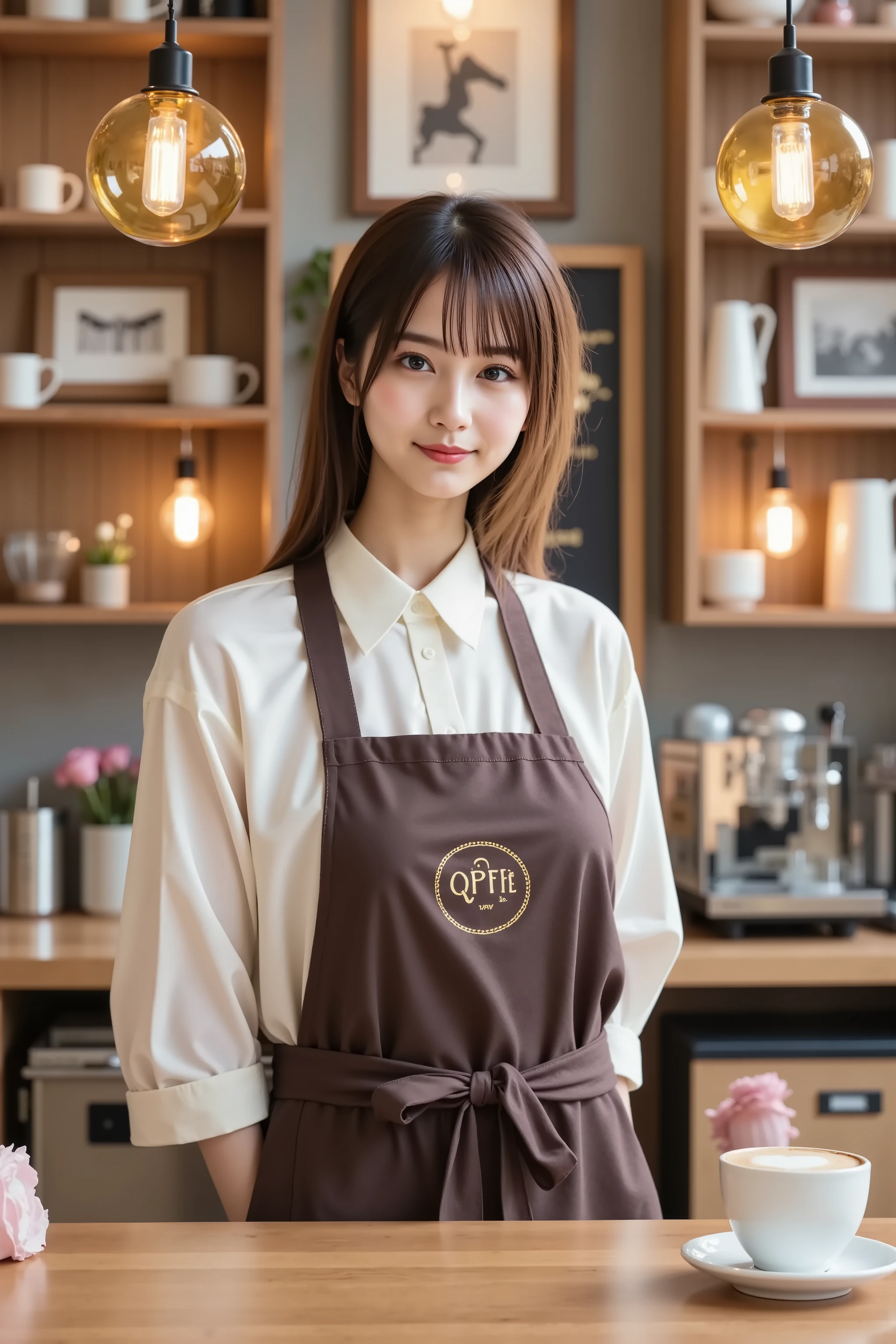 haruka, firm breast, by adjusting the framing so the subject's full head is visible within the composition, with the crop showing only from just above the bust to slightly above the top of the head. Ensure there is a comfortable amount of background space above the head to establish spatial context. A cozy café setting featuring a barista outfit that blends simplicity with professionalism. The uniform includes a crisp ivory blouse with sleeves rolled to the elbows, offering a relaxed yet tidy look. The blouse's fabric is lightweight with subtle texture, gently reflecting warm overhead light and adding dimension to the soft tone. Worn over it is a dark brown apron with a gold-embroidered circular logo reading 'QPFEE' at the chest. The apron ties at the back with a wide sash and is made from durable matte fabric, offering structure and comfort. The barista stands behind a polished wooden counter with natural grain and a smooth, glossy finish that catches the café’s warm lighting. Behind her, wooden shelves hold ceramic mugs, metal containers, stacked cups, and jars, arranged with care. Potted greenery adds a refreshing touch, and the wall is decorated with framed prints and a chalkboard menu. Pendant lights with amber glass shades hang overhead, casting a golden glow that highlights the counter and reflects off polished surfaces. To the side, a stainless-steel espresso machine sits ready for use, with a tamper, milk pitcher, and steaming wand beside it. On the counter rests a cappuccino in a white cup, its foam shaped into a delicate heart. Next to it, a small vase of fresh pink roses brings softness to the wood tones. The scene blends texture, lighting, and thoughtful detail to create a warm, welcoming café environment.
