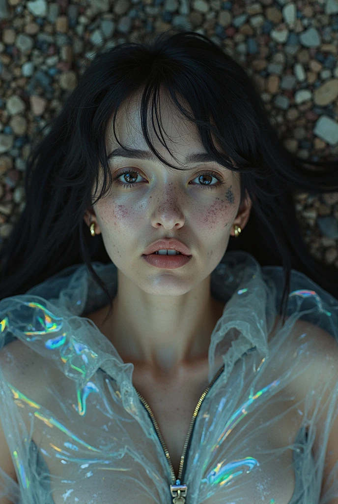 (best quality, 4k, Masterpiece :1.3), beautiful woman, 1 girl, (chest, attractive body :1.2), abdomen :1.1, dark brown hair: 1.1, (wet rain, Wet from the rain, Wet :1.2), Highly detailed face, detailed lips, Detailed eyes, Double eyelids, Cowboy Shot, squat,