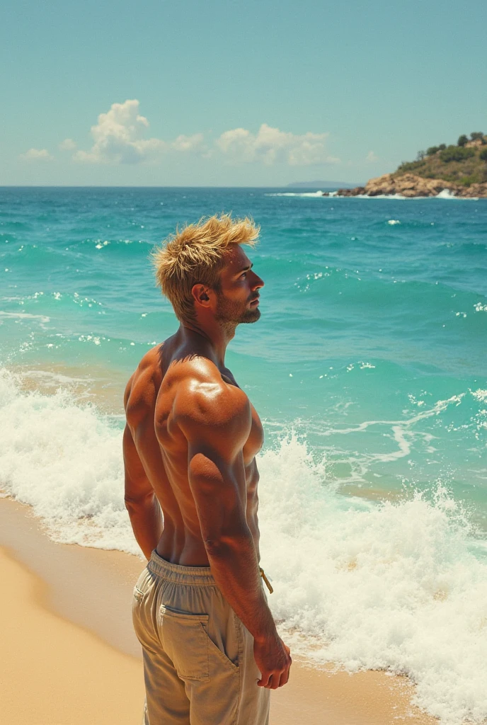Sexy male surfer dude, shark tooth necklace, flexing arms, on the beach