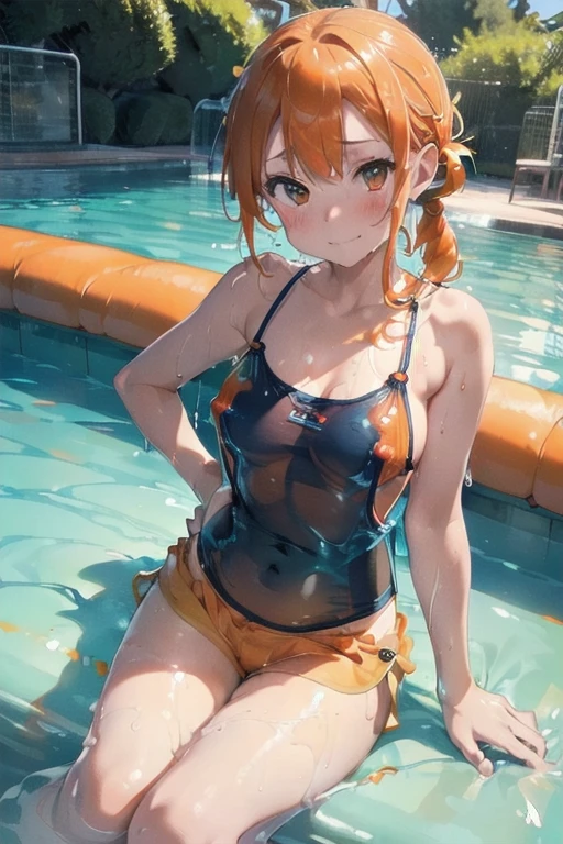 (Orange swimsuit(Orange camisole,Soaked with slimy liquid):1.4),(Navy blue shorts(Soaked with slimy liquid):1.5),All fours pose,Big Breasts,(Soaked with slimy liquid:1.2),